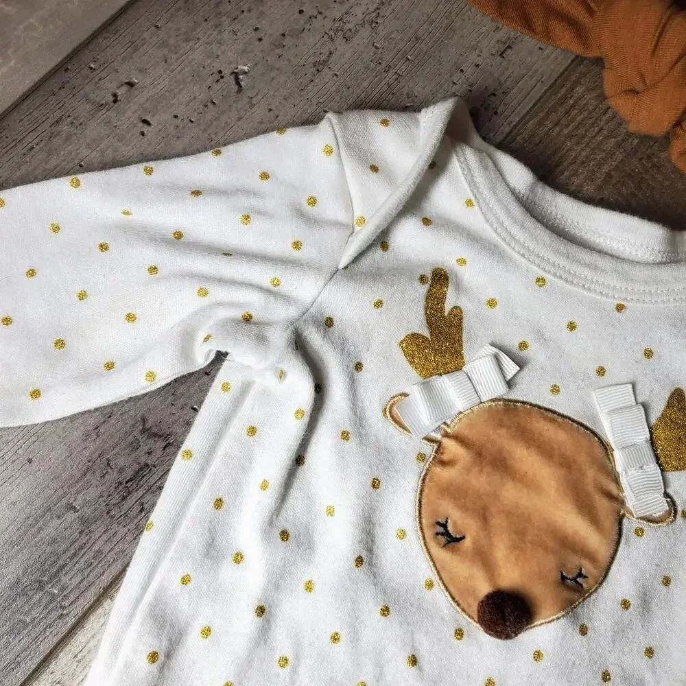 Baby Girl Reindeer Gold Polka Dot Outfit with Headband Size 3-6M